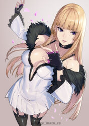  absurdres alternate_costume black_choker black_gloves black_thighhighs blonde_hair blunt_bangs breasts choker cleavage dress female fingerless_gloves fur_trim gloves gradient_background highres kagematsuri lili_(tekken) long_hair looking_at_viewer off-shoulder_dress off_shoulder official_alternate_costume purple_eyes simple_background solo tekken tekken_8 thighhighs twitter_username upper_body white_background 