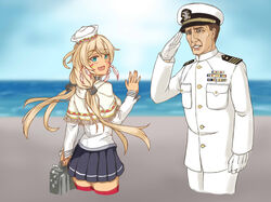  1boy aqua_eyes black_eyes blonde_hair briefcase brown_hair commentary day feathers female gloves hat holding holding_briefcase indianapolis_(warship_girls_r) military military_uniform nicolas_cage peaked_cap real_life salute sky theo1227 twintails uniform warship_girls_r water white_gloves 