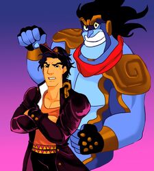  1boy aladdin_(character) aladdin_(disney) commentary_request crossover fusion genie_(aladdin) gloves hat jacket jojo_no_kimyou_na_bouken kujo_jotaro millionfish smile stand_(jojo) star_platinum 