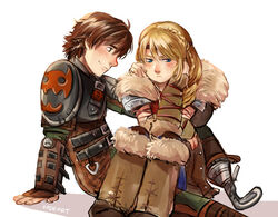  1boy aged_up armor astrid_hofferson blonde_hair blue_eyes blush braid brown_hair circlet commentary couple female fur_collar hair_over_shoulder head_rest hiccup_horrendous_haddock_iii how_to_train_your_dragon how_to_train_your_dragon_2 kadeart leg_warmers long_hair looking_away prosthesis prosthetic_leg side_braid single_braid sitting sitting_on_lap sitting_on_person straight viking 