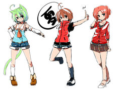  3girls absurdres animal_ears blush brown_hair cat_ears cat_tail character_request commentary_request dodome-iro_mayonnaise dodome_mayo green_hair highres looking_at_viewer multiple_girls open_mouth original photoshop_(medium) sharon_(dodomayo) short_hair short_shorts shorts simple_background skirt smile tail white_background 