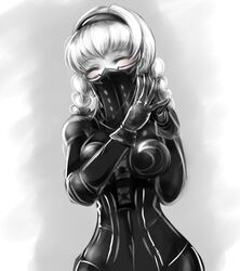  blush breasts closed_eyes commentary covered_face eyelashes female gloves greyscale happy karasuko large_breasts monochrome nier:automata nier_(series) operator_6o own_hands_together simple_background solo 