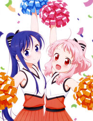  2girls :d absurdres ahoge anima_yell! arima_hizume arm_up artist_request blush bow cheerleader closed_mouth collarbone confetti hairbow hatoya_kohane head_tilt highres long_hair looking_at_viewer multiple_girls open_mouth orange_skirt outstretched_arms pink_hair pleated_skirt pom_pom_(cheerleading) ponytail purple_eyes purple_hair red_eyes scan shirt skirt sleeveless sleeveless_shirt smile striped striped_bow sweat very_long_hair white_background 