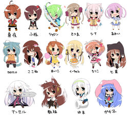  6+girls anceril_sacred animal_ears animal_hood blonde_hair blue_hair borrowed_character bow breasts brown_hair character_request chiriko_(atlanta) commentary_request dodome-iro_mayonnaise dog_ears dog_tail fish fox_ears fox_tail green_eyes green_hair grin heart hood long_hair looking_at_viewer medium_breasts meiko_(inuarashi) morinaga_koeda multiple_girls necco_(tefun) one_eye_closed orange_shirt original photoshop_(medium) pink_hair pom_pom_(cheerleading) purple_eyes rabbit_hood red_eyes school_uniform serafuku sharon_(dodomayo) shia_flatpaddy shirt simple_background sitting skirt smile sword tail translation_request twintails v_arms very_long_hair weapon white_background white_hair 