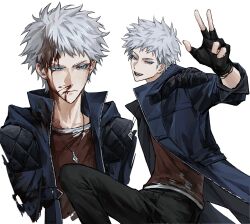  1boy bandaid bandaid_on_face bandaid_on_nose bishounen black_gloves black_pants blood blood_from_mouth blood_in_hair blood_on_face blue_coat blue_eyes bonley chinese_commentary closed_mouth coat commentary_request devil_may_cry_(series) devil_may_cry_5 fingerless_gloves frown gloves grey_hair highres jewelry male_focus multiple_views necklace nero_(devil_may_cry) nosebleed open_clothes open_coat open_mouth pants red_shirt shirt short_hair smile v-shaped_eyebrows w 