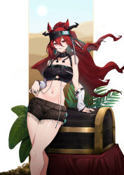  absurdres animal_ears arknights arm_support bandeau bare_shoulders black_headband black_shorts breasts camisole feet_out_of_frame female ghosty_(xiaobai) headband highres large_breasts long_hair midriff narantuya_(arknights) navel red_hair short_shorts shorts solo stomach thighs treasure_chest very_long_hair 