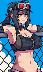  absurdres ahoge akairiot bare_shoulders black_hair black_sports_bra breasts choker cleavage crop_top female goggles goggles_on_head grace_howard hair_between_eyes highres large_breasts navel orange_eyes solo sports_bra zenless_zone_zero zipper_top 