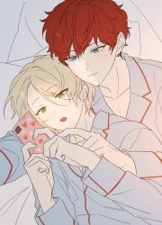  2boys amagi_hiiro bed_sheet behind_another bishounen cellphone cheek_rest close-up couple day earrings ensemble_stars! flat_color grey_shirt highres holding jewelry jylllldn leaning_on_person long_sleeves looking_at_phone lying male_focus multiple_boys on_bed pajamas pectoral_cleavage pectorals phone red_trim shiratori_aira_(ensemble_stars!) shirt short_hair smartphone stud_earrings two-handed upper_body yaoi 