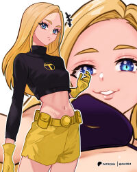  +++ :&lt; abs alternate_costume belt belt_pouch bikini black_bikini black_shirt blonde_hair blue_eyes breasts cowboy_shot crop_top datli64 dc_comics female gloves grin groin highres logo long_hair long_sleeves looking_at_viewer medium_breasts midriff multiple_views navel outline paid_reward_available patreon_logo patreon_username pouch shirt short_shorts shorts simple_background smile split_mouth standing swimsuit teen_titans terra_(dc) thick_eyelashes white_background white_outline yellow_gloves yellow_shorts 