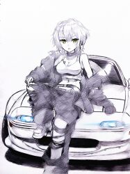  absurdres alternate_costume belt boots breasts car cleavage female glowing green_eyes highres hololive jacket looking_at_viewer mazda mazda_mx-5 mazda_mx-5_na medium_breasts motor_vehicle off_shoulder on_vehicle pants parted_lips shadow shifuto short_hair sitting solo spot_color tank_top tokoyami_towa torn_clothes torn_pants virtual_youtuber 