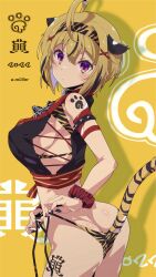  2022 ahoge anal_tail animal_ears animal_print ass bikini black_nails blonde_hair breasts chinese_zodiac closed_mouth drop_shadow fake_tail female hair_ornament hairband hairclip highres ibuki_tsubasa idolmaster idolmaster_million_live! looking_at_viewer looking_back nail_polish new_year oomura_karasu purple_eyes scrunchie short_hair side-tie_bikini_bottom solo swimsuit tail tiger_print wrist_scrunchie x_hair_ornament year_of_the_tiger 