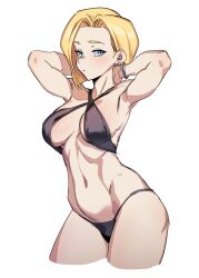  alternate_costume android_18 armpits bikini black_bikini blonde_hair blue_eyes bracelet criss-cross_halter dragon_ball dragon_ball_z earrings female halterneck highres jewelry navel short_hair simple_background solo swimsuit white_background zequung 