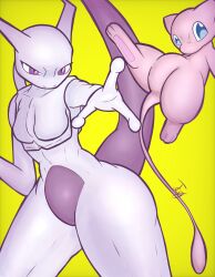  ambiguous_gender anthro breasts digital_media_(artwork) duo female feral generation_1_pokemon hi_res legendary_pokemon looking_into_the_distance mammal mew_(pokemon) mewtwo nintendo pink_body pokemon pokemon_(species) pose signature simple_background tail tcg_(artist) 