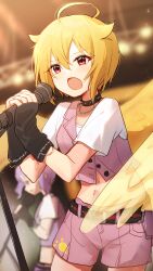  2girls absurdres ahoge arm_warmers belt belt_buckle birthday black_arm_warmers black_collar blonde_hair blurry blurry_background blush breasts buckle chain_leash chains collar commentary_request concert cowboy_shot crop_top dot_nose feathered_wings hair_between_eyes hands_up highres holding holding_microphone ibuki_tsubasa idol idol_clothes idolmaster idolmaster_million_live! indoors leash long_bangs makabe_mizuki matching_outfits microphone microphone_stand midriff multiple_girls music navel nnnn open_mouth purple_hair purple_shorts purple_vest red_eyes shirt short_hair shorts sidelocks singing small_breasts solo_focus stage stage_lights standing undershirt vest wavy_hair white_shirt white_undershirt wings 