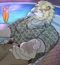  77sirogane77 aloha_shirt anthro astosis blonde_hair blue_eyes blush braided_hair clothing felid fur hair hi_res lifewonders lion live_a_hero male mammal pantherine pattern_clothing pattern_shirt pattern_topwear pawpads shirt solo swimming_pool topwear white_body white_fur 