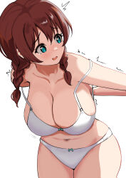  absurdres aqua_eyes bare_arms blush bra breasts brown_hair cleavage collarbone commission double_strap_slip emma_verde female freckles heart heart-shaped_pupils highres large_breasts love_live! love_live!_nijigasaki_high_school_idol_club navel open_mouth panties pisagi pixiv_commission plump simple_background solo standing stomach symbol-shaped_pupils thighs twitching underwear white_background white_bra white_panties 