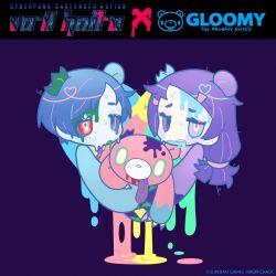  2girls animal_ears bear_ears blood blue_hair candy_gore character_request check_character commentary copyright_name copyright_notice dripping english_text gabrielle_(va-11_hall-a) gloomy_bear horror_(theme) itazuraguma_no_gloomy kemonomimi_mode long_hair mori_chack multiple_girls official_art purple_hair second-party_source sei_asagiri short_hair stuffed_animal stuffed_toy surreal symbol-only_commentary teddy_bear tongue tongue_out va-11_hall-a 