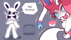  anthro bodily_fluids dialogue duo eeveelution fan_character female generation_6_pokemon go_to_horny_jail hi_res meme nintendo pokemon pokemon_(species) ram_g_thunder ribbons shaking speech_bubble sweat sweatdrop sylveon trembling 