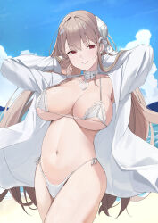  absurdres beach belt belt_collar bikini blue_sky bow breasts cloud collar commentary_request cowboy_shot day english_commentary female goddess_of_victory:_nikke hair_between_eyes hairbow halterneck hand_in_own_hair heart_collar highleg highleg_bikini highres horns large_breasts light_blush light_brown_hair long_hair long_sleeves looking_at_viewer mixed-language_commentary navel official_alternate_costume open_clothes open_shirt outdoors paid_reward_available parted_lips pink_eyes ref_(pmxt4483) shirt sky sleeves_past_wrists smile solo standing stomach string_bikini swimsuit teeth underboob very_long_hair viper_(nikke) viper_(shine_of_love)_(nikke) white_belt white_bikini white_shirt 