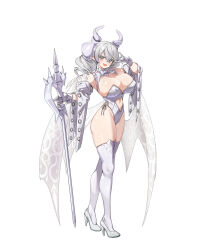  breasts cleavage demon_girl demon_horns demon_wings dress duel_monster ebi_bento female full_body gloves grey_eyes highres holding horns large_breasts leotard looking_at_viewer lovely_labrynth_of_the_silver_castle low_wings multiple_wings pointy_ears smile solo transparent_wings twintails white_background white_hair white_horns wings yu-gi-oh! 