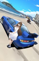  4boys 6+girls absurdres air_max air_max_97 asahan_arcila_(toonzoku) asamiya_mariko_(holeecrab) barber_girl_(holeecrab) beach black_bodysuit black_hair blonde_hair blue_car blue_eyes blue_hair bodysuit borrowed_character brown_hair car cloud dress footprints hair_between_eyes highres holeecrab lamppost long_hair looking_at_viewer motor_vehicle motorcycle mount_fuji multicolored_hair multiple_boys multiple_girls nike_(company) nissan nissan_s14_silvia nissan_silvia ocean original palm_tree purple_hair raelyn_cunningham_(arhentol) shadow shizuku_inoue_(haow) short_hair sitting sky smile spoiler_(automobile) sports_car sports_utility_vehicle streaked_hair tree twintails very_long_hair white_dress yamaha 