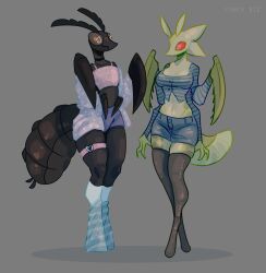  absurd_res accessory antennae_(anatomy) anthro arthropod arthropod_abdomen black_body bottomwear clothed clothing covered_breasts crop_top cyber_d1e dizzy_(artlegionary) duo female femboy garter green_body grey_background hi_res insects jacket leg_warmers legwear male mantis red_eyes shirt shorts simple_background standing thigh_highs topwear translucent_thigh_highs 