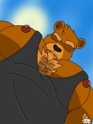  anthro bear bodily_fluids body_hair brown_body brown_fur chest_hair cum cum_on_face cupcake2007 fur genital_fluids hair male mammal nipples pec_meme pecs saddragon16_(artist) solo tuft 