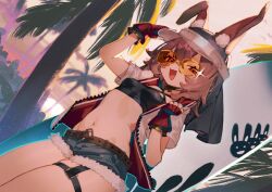  absurdres animal_ears arknights arm_up belt belt_buckle bikini black_bikini blue_shorts brown_belt brown_hair buckle caper_(arknights) caper_(summer_flowers)_(arknights) commentary_request day denim denim_shorts dutch_angle evening female fingerless_gloves glint gloves groin hair_between_eyes hand_up highres jacket looking_at_viewer midriff mosou_keito navel official_alternate_costume open_clothes open_jacket open_mouth outdoors palm_tree plant red_eyes red_gloves red_jacket short_hair short_sleeves shorts solo surfboard swimsuit thigh_strap tinted_eyewear tree two-sided_fabric two-sided_jacket unzipped visor_cap white_jacket yellow-tinted_eyewear zipper 