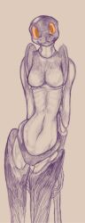  anthro axentooth breasts carapace featureless_breasts female glistening glistening_body hands_behind_back hi_res larry_(axentooth) leaning long_fingers looking_at_viewer navel orange_eyes portrait ribs sclantra slim smile solo standing 