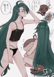  barefoot black_camisole camisole clodsire female green_hair highres lace lace_panties long_hair mtkpasta navel_piercing paldean_wooper panties piercing pokemon pokemon_sv red_eyes rika_(pokemon) rotom rotom_phone scratching_head speech_bubble underwear 