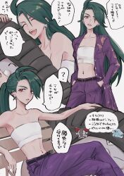  donphan earrings female green_hair highres jacket jewelry mtkpasta navel_piercing pants phanpy piercing pokemon pokemon_sv ponytail purple_jacket purple_pants red_eyes rika_(pokemon) smile speech_bubble strapless triangle_earrings tube_top 