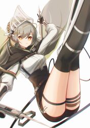  absurdres arknights armor arrow_(projectile) ass black_shorts brown_cape cape crossbow fartooth_(arknights) feather_hair female gauntlets greaves grey_hair high-waist_shorts highres holding holding_arrow holding_crossbow holding_weapon limbless_crossbow long_hair mumei_(wocai_guwozai) orange_eyes over-kneehighs shirt shorts thigh_strap thighhighs very_long_hair visor_(armor) weapon white_shirt 