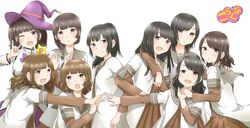  6+girls 7thbirth black_hair braid brown_hair closed_mouth commentary_request cosplay curly_hair dress fujita_saki hat katou_emiri long_hair magical_girl mikami_shiori mimori_suzuko mirakurun mirakurun_(cosplay) mole mole_under_mouth multiple_girls nanamori_school_uniform one_eye_closed ookubo_rumi ootsubo_yuka open_mouth ponytail sailor_dress school_uniform serafuku short_hair simple_background skirt taketatsu_ayana toyosaki_aki tsuda_minami voice_actor white_background witch_hat yuru_yuri 