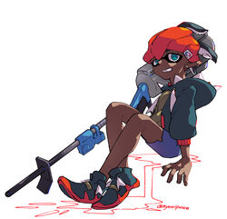  1boy alternate_species arm_support black_footwear black_hair black_hoodie commentary_request dark-skinned_male dark_skin e-liter_4k_(splatoon) earrings from_side green_eyes grin gun headband highres hood hoodie inkling_player_character jewelry male_focus nyoripoke orange_headband pokemon pokemon_swsh raihan_(pokemon) shoes short_hair shorts side_slit side_slit_shorts sitting smile solo splatoon_(series) splatoonification teeth twitter_username watermark weapon white_background 