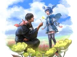  1boy animal_on_shoulder axolotl belt bird_legs bird_wings black_hair black_robe blue_capelet blue_dress blue_eyes blue_hair brooch capelet clenched_hand cloud cloudy_sky commentary dress eye_contact feathered_wings female final_fantasy final_fantasy_xiv flower from_side full_body giving grass head_wings hermes_(ff14) highres holding holding_flower hood hood_down hooded_robe jewelry looking_at_another mask mask_removed meadow meteion mixed-language_commentary one_knee open_mouth outdoors short_hair sky smile standing wings yellow_flower youki_(3800869) 