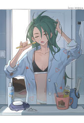  absurdres alternate_hairstyle bar_soap black_bra black_panties bottle bra bright_pupils buttons character_print chinese_commentary clodsire commentary cup dated dugtrio earrings_removed female flat_chest green_hair hair_down highres holding holding_toothbrush indoors light_switch long_hair lower_teeth_only messy_hair mirror mixed-language_commentary mug one_eye_closed open_clothes open_mouth open_shirt paldean_wooper panties pokemon pokemon_(creature) pokemon_sv quaxly red_eyes reflection rika_(pokemon) shirt sleeves_past_elbows soap teeth toothbrush towel towel_rack underwear white_pupils yikoulian_lyan 