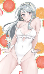  asymmetrical_bangs baji_toufuu_(bajitohfu) bare_arms bare_legs bare_shoulders blush breasts casual_one-piece_swimsuit collarbone earrings female flower food frilled_one-piece_swimsuit frills fruit grey_hair groin hair_flower hair_ornament hairband highleg highleg_swimsuit highres jewelry kantai_collection long_hair official_alternate_costume one-piece_swimsuit open_mouth orange_(fruit) orange_slice purple_eyes sagiri_(kancolle) side-tie_swimsuit small_breasts solo swept_bangs swimsuit watermelon watermelon_slice white_flower white_one-piece_swimsuit 