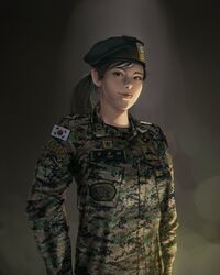  beret black_hair camouflage dokkaebi_(rainbow_six_siege) female glasses hat highres korean_commentary korean_text looking_at_viewer maseo military military_uniform multicolored_hair patch ponytail rainbow_six_siege republic_of_korea_army shoulder_patch signature solo south_korean_flag two-tone_hair uniform white_hair 