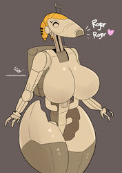  3_fingers b1_battle_droid battle_droid big_breasts breasts brown_body closed_eyes curvy_figure dialogue female fingers heart_symbol hi_res humanoid machine non-mammal_breasts not_furry rizkitsuneki robot simple_background solo star_wars text thick_thighs voluptuous wide_hips 