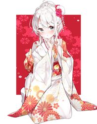  absurdres blush closed_mouth commentary_request female floral_background floral_print flower full_body furisode grey_eyes hair_bun hair_flower hair_ornament hamaken._(novelize) hands_up highres japanese_clothes kanoko_(pattern) kikumon kimono kojitsunagi_(pattern) long_sleeves looking_at_viewer obi orange_hair original pointing pointing_up pout print_kimono red_background red_flower sakuramon sash sidelocks single_hair_bun solo v white_background white_kimono wide_sleeves 