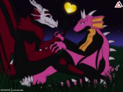  4:3 anthro black_body black_sclera bone disco dragon duo eye_contact female fur gold_body grass green_eyes hand_holding hi_res horn looking_at_another male moon mythological_creature mythological_scalie mythology neck_tuft night outside pink_body plant prismanoodle_(artist) red_body red_fur scalie skull skull_head spiked_tail spikes spikes_(anatomy) star stripes tail tail_tuft tuft winged_arms wings 