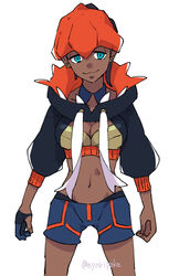  black_hair black_hoodie blue_shorts breasts cleavage commentary_request cowboy_shot cropped_hoodie dark-skinned_female dark-skinned_male dark_skin earrings female genderswap_(mtf) gloves headband hood hoodie jewelry navel nyoripoke orange_headband partially_fingerless_gloves pokemon pokemon_swsh raihan_(pokemon) rule_63 short_hair shorts simple_background single_glove solo twitter_username undercut watermark white_background 