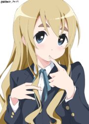  absurdres bad_id bad_pixiv_id black_jacket blonde_hair blue_eyes collared_shirt commentary eyebrows_hidden_by_hair female finger_to_mouth hair_between_eyes hands_up highres jacket k-on! kotobuki_tsumugi light_blush long_hair long_sleeves looking_at_viewer sakuragaoka_high_school_uniform school_uniform shirt simple_background solo thick_eyebrows twitter_username upper_body white_background white_gorilla_(okamoto) white_shirt winter_uniform 