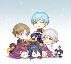  6+boys aqua_hair armor black_hair bottle brown_hair chibi closed_eyes commentary_request cup eyepatch food food_on_head fox fruit fruit_on_head heshikiri_hasebe hood ichigo_hitofuri japanese_armor japanese_clothes k_(shinya90) kogitsunemaru konnosuke kotatsu lying male_focus mandarin_orange mikazuki_munechika mini_person miniboy multiple_boys object_on_head on_stomach ookurikara open_mouth purple_eyes shokudaikiri_mitsutada shoulder_armor side_handle_teapot sitting smile sode table teacup teapot touken_ranbu tray tsurumaru_kuninaga watermark white_hair yagen_toushirou yellow_eyes 