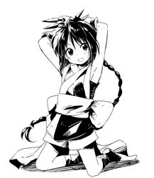  armpits arms_behind_head bad_link braid female greyscale japanese_clothes kneeling kunai long_hair looking_at_viewer makimachi_misao monochrome obi open_mouth rurouni_kenshin sash simple_background single_braid sleeveless smile solo very_long_hair watarai_keiji weapon white_background 