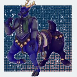  2022 5_fingers antlers ass barefoot bell black_hooves blue_background border bridle cervine cervine_taur clothed clothed_male clothed_taur clothing cloven_hooves colored deer deer_ears deer_taur digital_drawing_(artwork) digital_media_(artwork) dotted_background elk emerson_(someroo) eyebrows feet fingers freckled_butt freckled_face freckled_tail freckles fur fur-trimmed_jacket fur_jacket fur_trim_(clothing) gradient_background green_scarf grey_clothing grey_jacket grey_topwear hair halter hand_on_hip hi_res holding_reins hooved_fingers hooved_fingertips hooves horn inner_ear_fluff jacket looking_at_viewer male maleherm_(lore) mammal mammal_taur markings muscular muscular_male muscular_taur outside_border pattern_background pattern_clothing pattern_scarf pink_inner_ear purple_body purple_ears purple_eyes purple_fur purple_hair purple_hands purple_head purple_inner_ear_fluff purple_legs purple_nose purple_tail raised_tail reins robotbarista saddle scarf scut_tail shaded short_tail simple_background smile snout snow snowing solo speckled_body speckled_fur stirrups stripes tail tassels taur teeth topwear tuft walking white_border white_glow winter_clothing winter_coat yellow_antlers yellow_markings yellow_stripes 