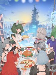  6+girls :d animal_ear_fluff animal_ears aqua_hair back_cutout back_tattoo black_choker black_legwear blue_hair blush bow braid breasts brown_eyes cat_ears cat_girl chino_(valis) choker cityscape cleavage closed_eyes closed_mouth clothing_cutout cloud cloudy_sky constellation constellation_tattoo cup food frills garter_belt gemini_(constellation) green_eyes green_hair grey_eyes grey_hair hairbow highres holding holding_cup holding_plate large_breasts long_hair mouse_(animal) multiple_girls myu_(valis) neffy_(valis) nina_(valis) open_mouth pizza plate rara_(valis) red_eyes red_hair ringlets scenery short_hair sitting sky smile sorotu standing sun sunset tattoo thighhighs twintails valis_(sinsekai) virtual_youtuber vitte_(valis) 