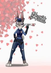  2019 absurd_res anthro biped clothed clothing disney female fully_clothed fur grey_body grey_fur hi_res holidays judy_hopps lagomorph leporid looking_at_viewer mammal police police_uniform rabbit shamziwhite smile solo standing text uniform valentine&#039;s_day zootopia 