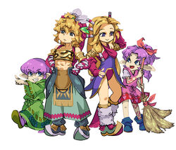  2boys 2girls abs absurdres blonde_hair broom bud_(lom) full_body green_robe hands_on_own_hips headdress height_difference highres imu_(lom) legend_of_mana leotard lisa_(lom) midriff multiple_boys multiple_girls pointy_footwear purple_hair purple_leotard robe seiken_densetsu simple_background tenjin toto_(lom) white_background 