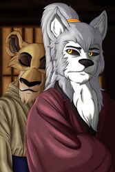  2:3 absurd_res anthro asian_clothing canid canine canis clothing cuddling disney duo east_asian_clothing eifiemoth felid female hi_res hug japanese_clothing kimono lion lord_katsumoto_moritsugu_wolf male male/female mammal pantherine samurai the_lion_king warrior wolf zira_(the_lion_king) 